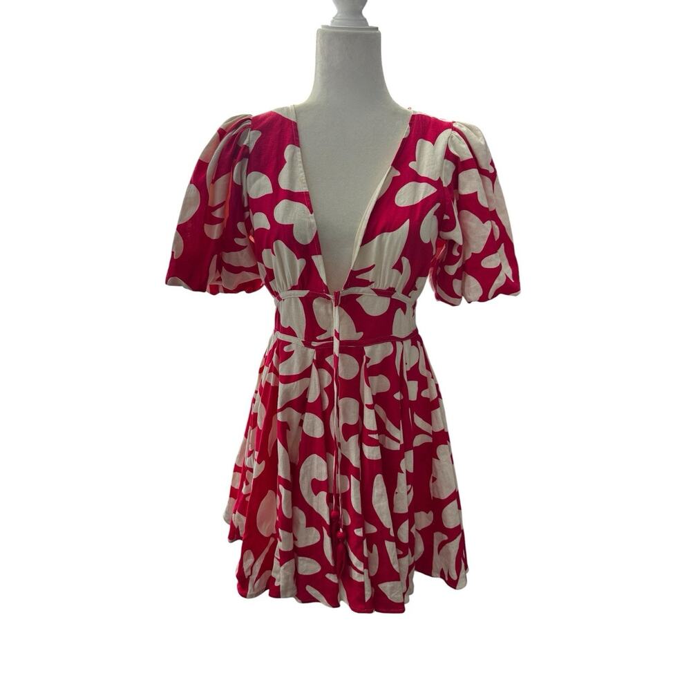 House of Harlow Mini Dress Sz. 2 Plunge V-neck Hot Pink White Linen Blend